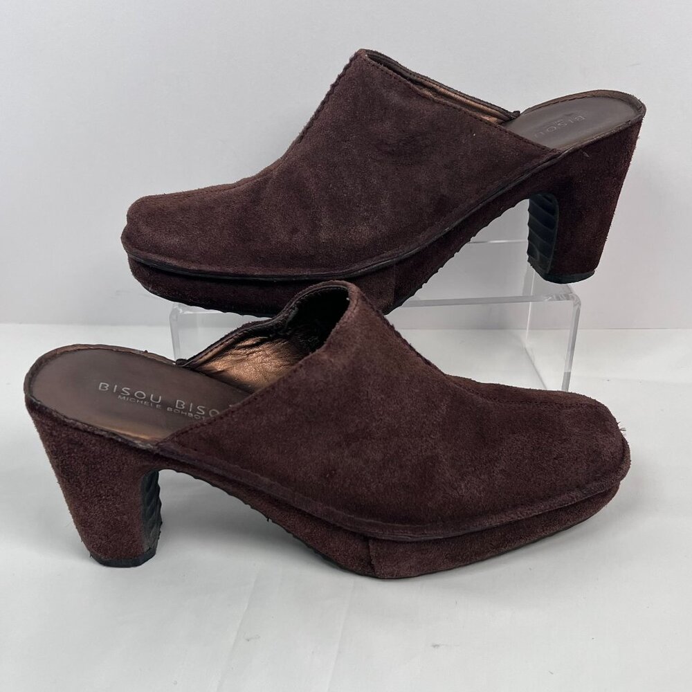 Brown Leather‎ Suede Square Toe Mule High Heel Sz 8.5M Slip On Bisou Bisou